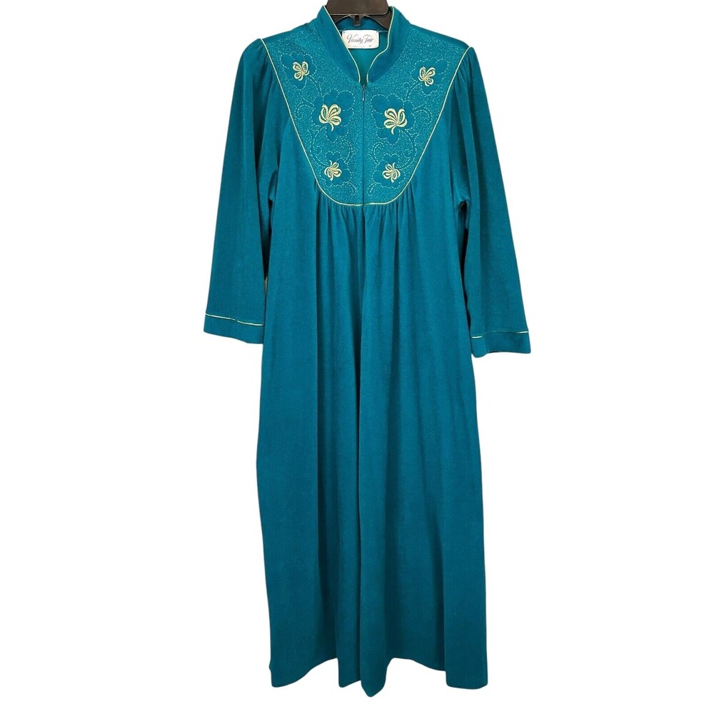 Vintage 70s Vanity Fair Teal w Gold Embroidered Yoke Kaftan Robe Size M Modest